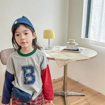 長袖Tシャツ キッズトップス 長袖Tシャツ パッチワーク レターロゴプリント 2カラー【mh0000606】