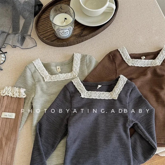 長袖Tシャツ キッズトップス レーススクエアネック 長袖Tシャツ カットソー 3カラー【mh0006588】