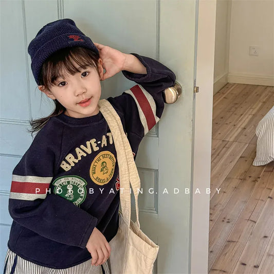 長袖Tシャツ キッズトップス ワッペンパッチレターロゴ刺繍フリース長袖ホッケーTシャツ 3カラー【mh0007569】