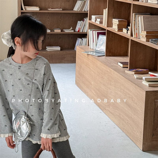 長袖Tシャツ キッズトップス リボンプリント裾レース七分袖Tシャツ【mh-0008971】