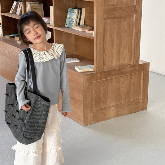 長袖Tシャツ キッズトップス フラワープリントラッフル襟長袖カットソーTシャツ【mh-0008976】