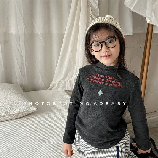 長袖Tシャツ キッズトップス レターロゴプリントボトルネックハイネック長袖Tシャツ【mh0007957】