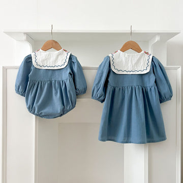 長袖ロンパース Embroidered Lapel Dress Bodysuit 刺繍襟ワンピース ロンパース【mh0012242】