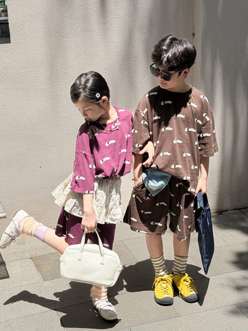 Allover Graphic Loose Top Shorts Set ドッグプリント 半袖Tシャツ ハーフパンツ【mh0013539】 KUMAI.KIDS 半袖セットアップ