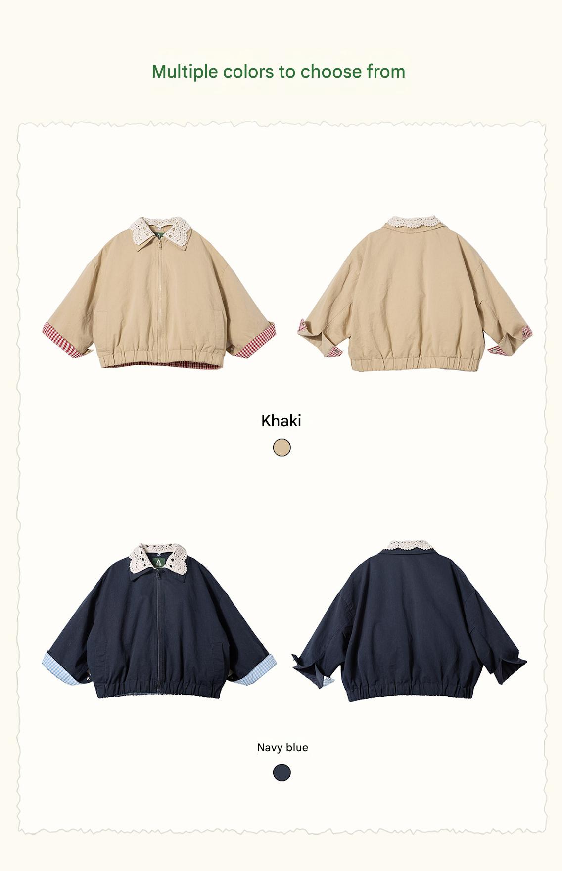 キッズ用ゆったりジャケットのカラー見本、カーキとネイビーの展開