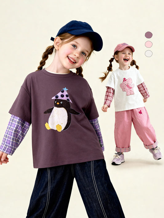 長袖Tシャツ Antibacterial Fake Two Cartoon T-Shirt 抗菌レイヤード風プリントTシャツ【mh0011975】