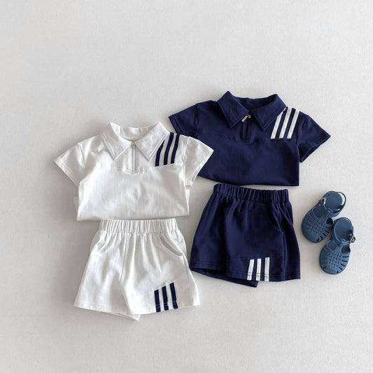 半袖セットアップ キッズセットアップ 2点セット ライン入り 半袖ポロシャツ+ショートパンツ スポーツ 2カラー【mh0005246】