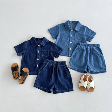 半袖セットアップ キッズセットアップ 2点セット デニム 半袖シャツ+ショートパンツ 2カラー【mh0005248】