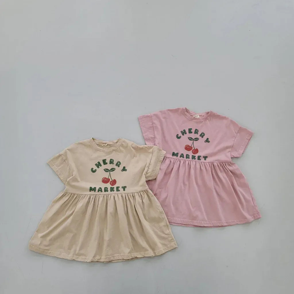 キッズワンピース 半袖チェリー柄プリント ピンクとカーキの2色