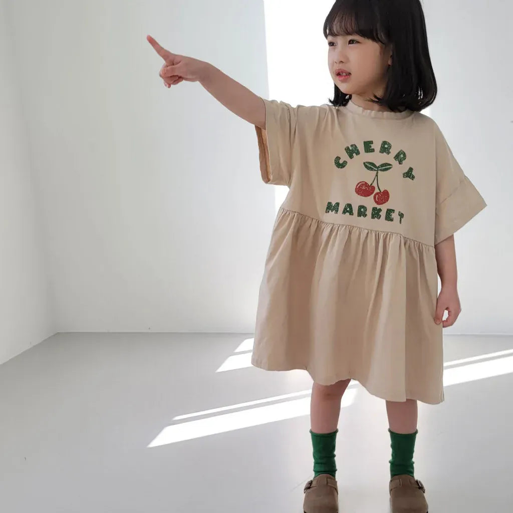キッズワンピース カーキ 半袖チェリー柄プリント フレア