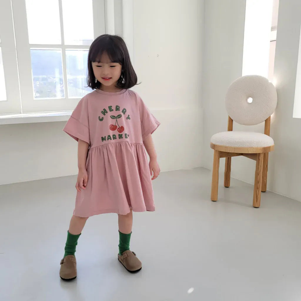 キッズワンピース ピンク 半袖チェリー柄プリント フレア