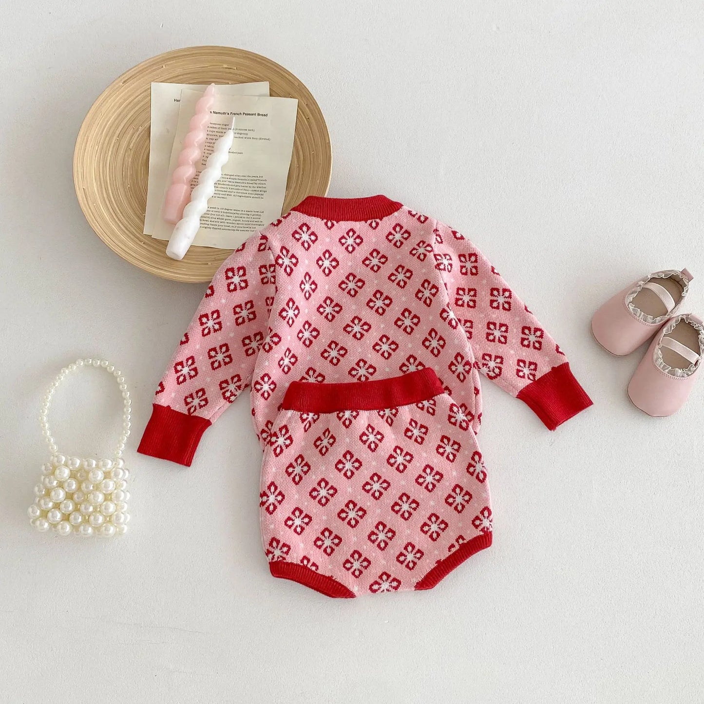 ロンパースセットアップ ベビーセットアップ 2点セット レトロフラワーカーディガン+サスペンダーロンパース ピンクレッド【mh0007085】