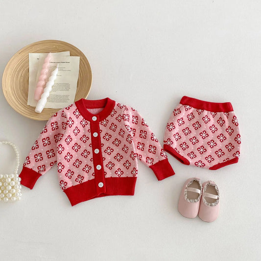 ロンパースセットアップ ベビーセットアップ 2点セット レトロフラワーカーディガン+サスペンダーロンパース ピンクレッド【mh0007085】