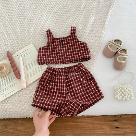 長袖セットアップ ベビートップス/セットアップ 2点セット 丸襟ステッチ長袖ブラウス/レトロチェックベスト+ショートパンツ【mh0007445】