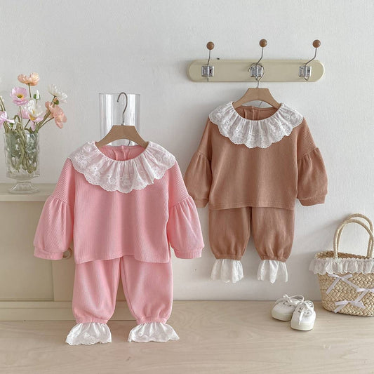 長袖セットアップ 長袖トップス+パンツ ワッフル生地 レース襟 メロウフリル セットアップ 2点セット【mh0011380】