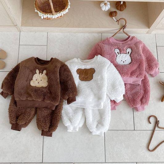 長袖セットアップ 長袖トレーナー+スウェットパンツ セットアップ 2点セット ボア生地 くまうさぎ アップリケ あったか【mh0011381】