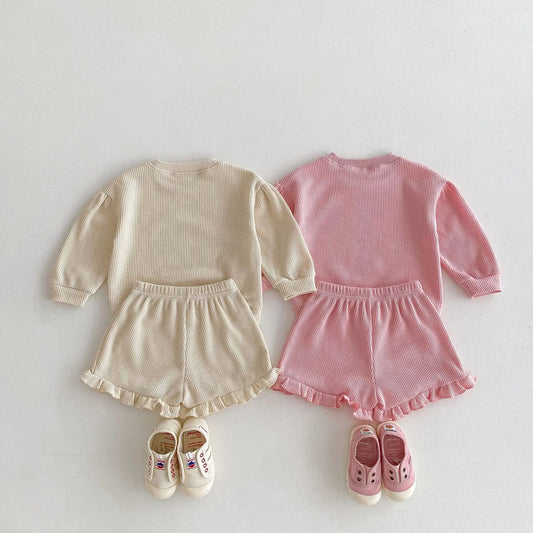 長袖セットアップ キッズセットアップ 2点セット ワッフル 長袖Tシャツ+フリルショートパンツ うさぎプリント 2カラー【mh0006377】