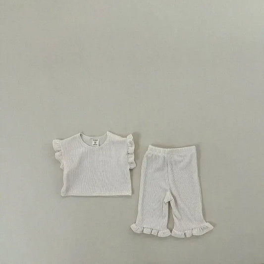 半袖セットアップ キッズセットアップ 2点セット フリルスリーブTシャツ+裾フリルルーズロングパンツ 4カラー【mh0005388】