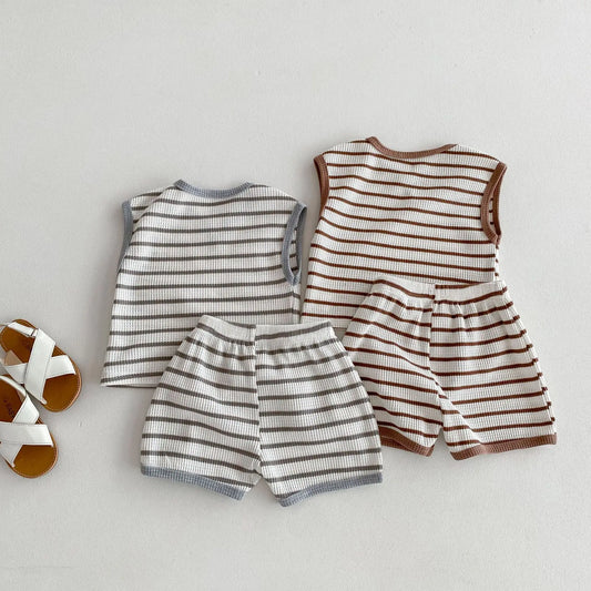 ノースリーブセットアップ キッズセットアップ 2点セット ノースリーブTシャツ+ショートパンツ ボーダー【mh0005855】