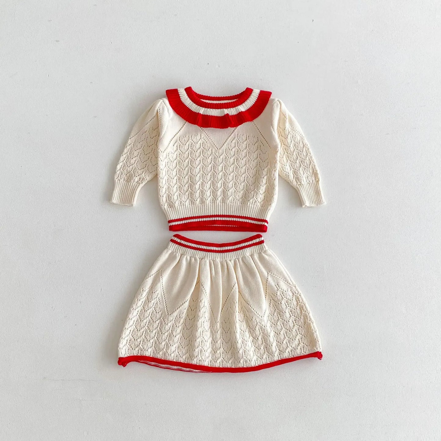 長袖セットアップ キッズトップス/スカート レースニットフリルサークル襟セーター/レースニットAラインスカート 2カラー【mh0006650】