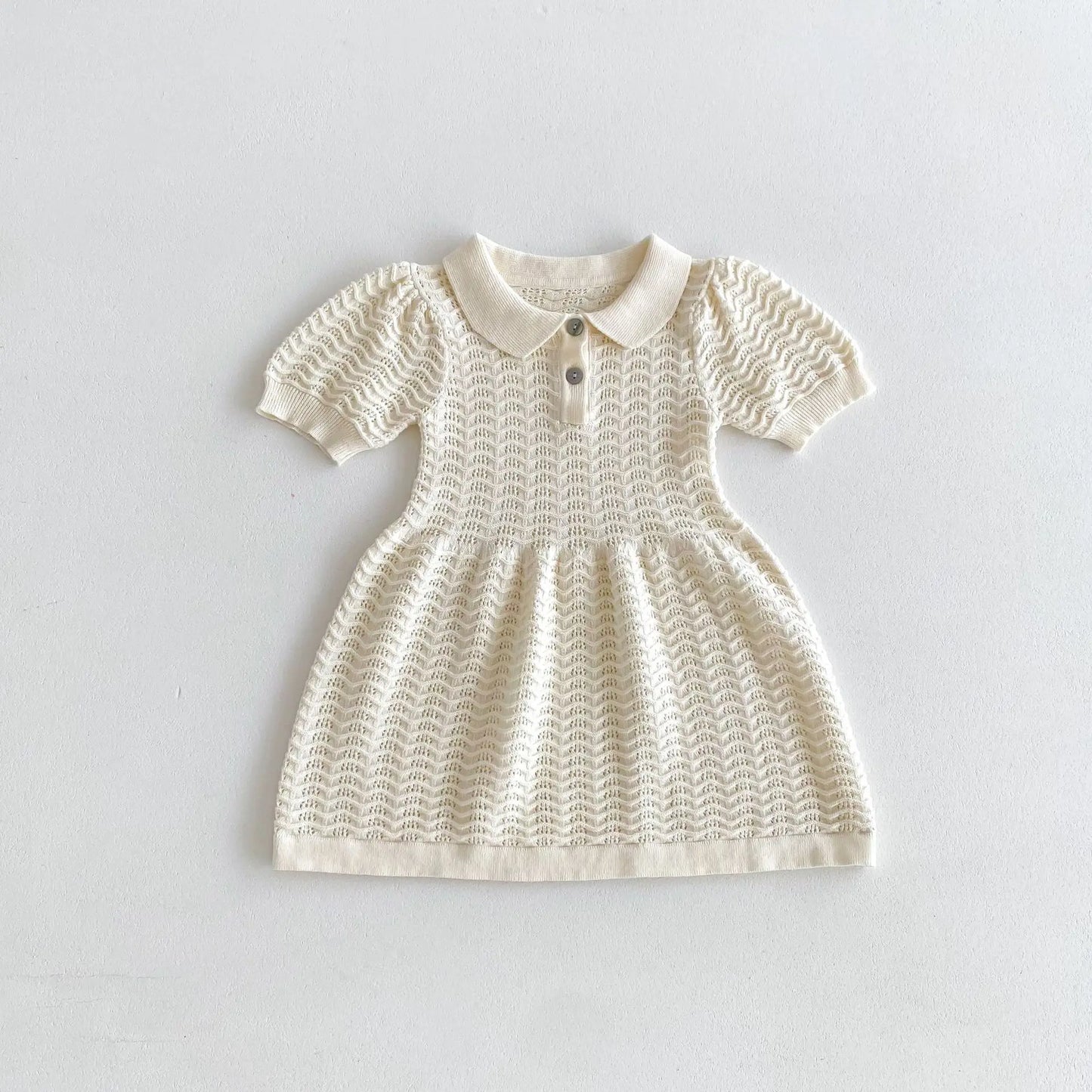 半袖ワンピース Beige / 73cm 6-9M ベビーキッズワンピース サマーニット 半袖ポロシャツワンピース 2カラー【mh0005286】