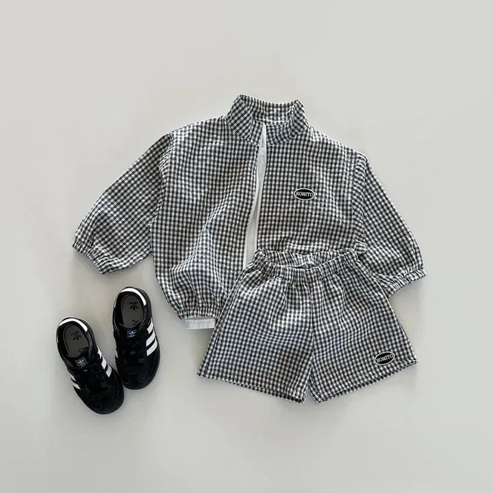 長袖セットアップ Black / 12M 80CM キッズセットアップ 2点セット チェック ジッパージャケット+ショートパンツ ウィンドブレーカー 日除け ワンポイント 3カラー【mh0006179】