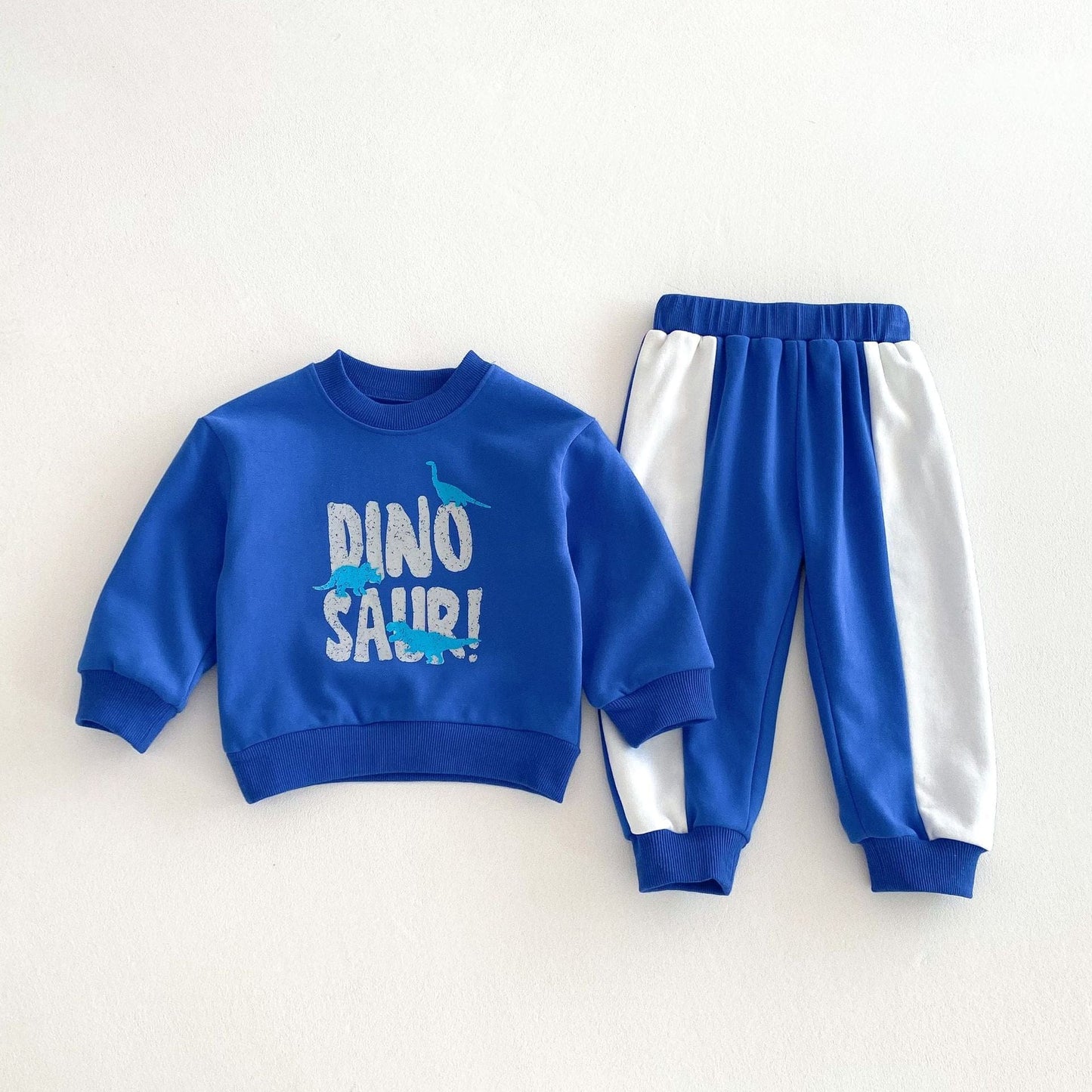 長袖セットアップ Blue / 80cm ダイナソープリントスウェットセットアップ 長袖スウェットシャツ+パッチワークスウェットパンツ【mh0009265】