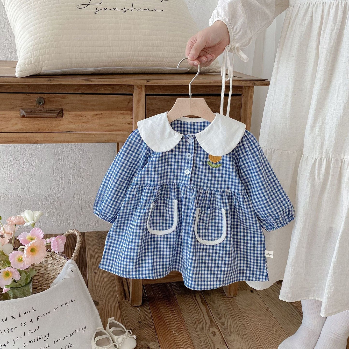 長袖ワンピース Blue / 80cm ギンガムチェック丸襟長袖ワンピース【mh0010675】