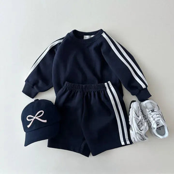 長袖セットアップ Dark Blue / 12M 80CM キッズセットアップ 2点セット 長袖スウェットトレーナー+ハーフパンツ ダブルサイドライン 2カラー【mh0006648】