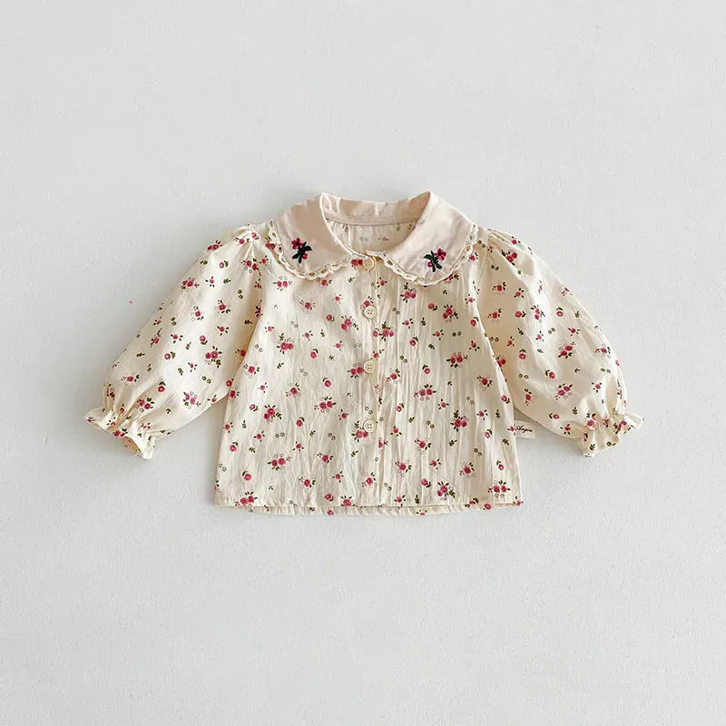 長袖ロンパース floral shirt / 3-6M 66cm ベビーロンパース/トップス 長袖 フラワー小花柄プリント刺繍【mh0006459】