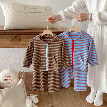長袖セットアップ Hooded Zipper Striped Sweatshirt Set ジップアップ ストライプ セットアップ【mh0011968】