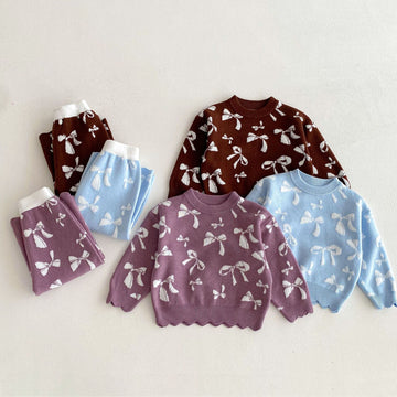 長袖セットアップ Jacquard Bow Knitted Set ジャガード リボン ニット セットアップ【mh0012098】