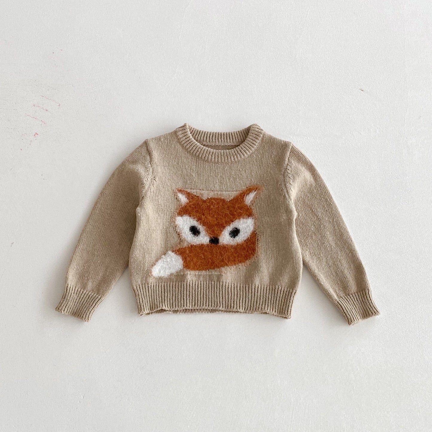 ニット・セーター Khaki / 80cm きつね刺繍長袖ニットセーター【mh0010666】