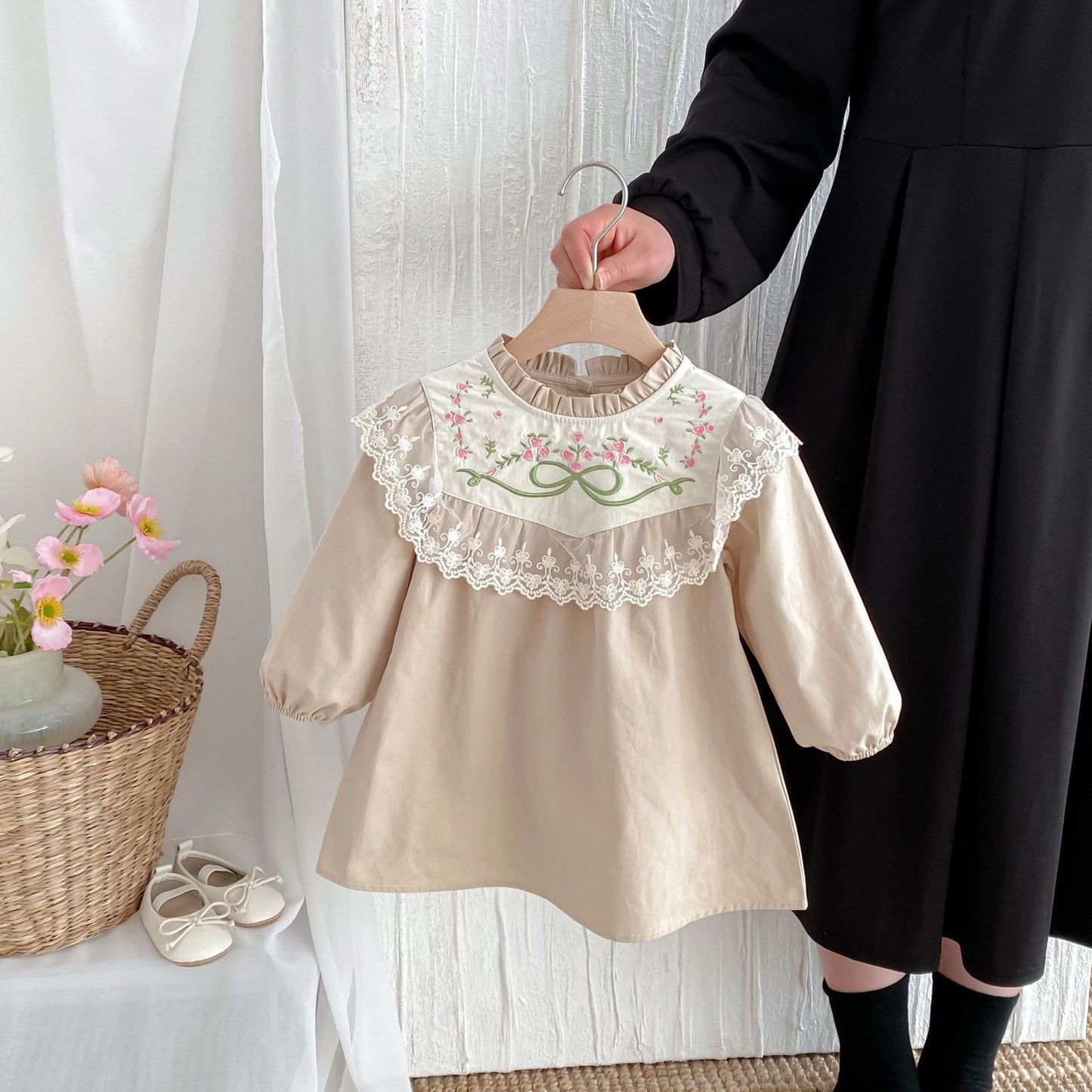 長袖ワンピース Khaki / 80cm リボンフラワー刺繍レース長袖ワンピース【mh0010679】