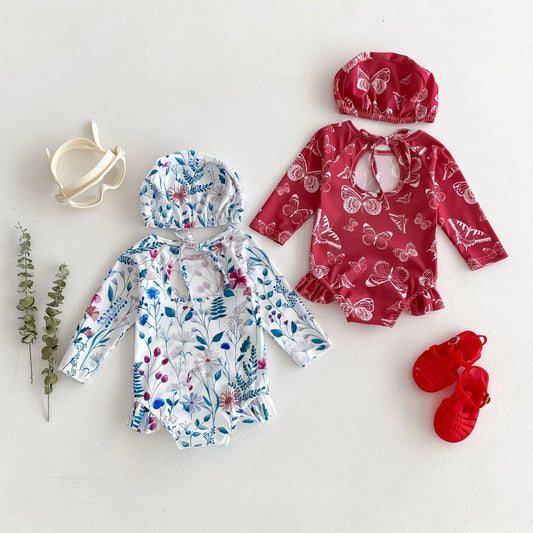 ベビー用水着 ベビー水着 長袖ワンピース 帽子セット スイムウェア ラッシュガード フラワー花柄プリント【mh0005109】