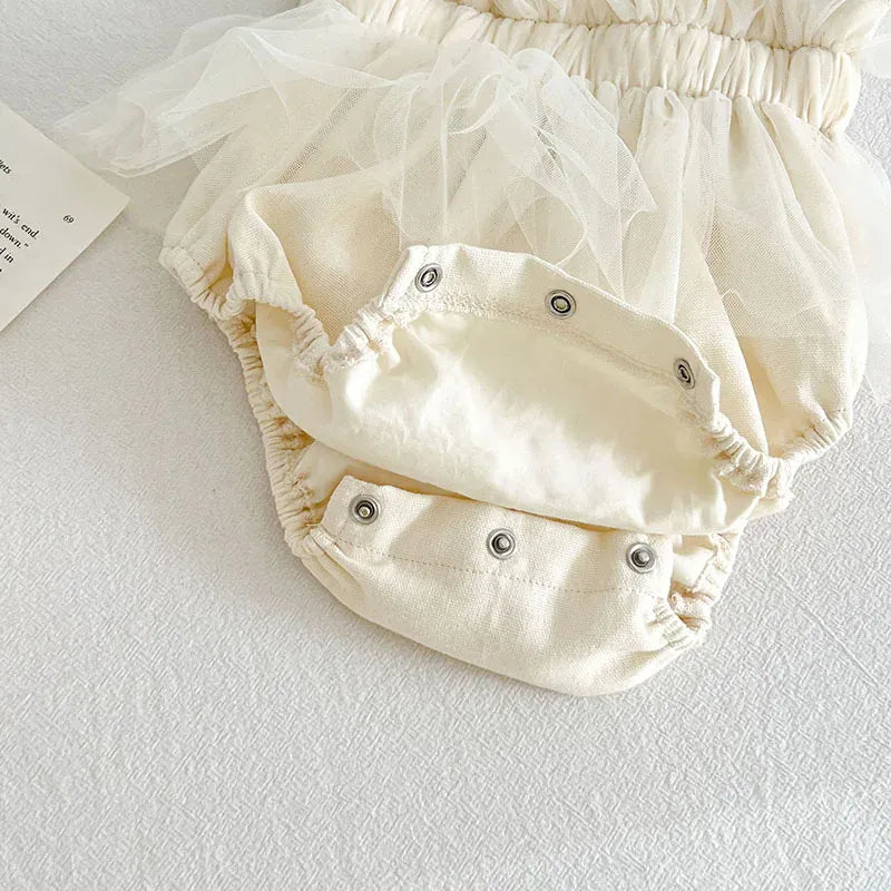 ノースリーブロンパース ベビーロンパース キャミソールシャーリング チュチュチュールペプラムボディスーツ ベージュ【mh0006549】