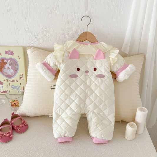アウタージャンプスーツ ベビーアウタージャンプスーツ キルティング裏フリースショルダーフリル長袖ロンパース【mh0008276】