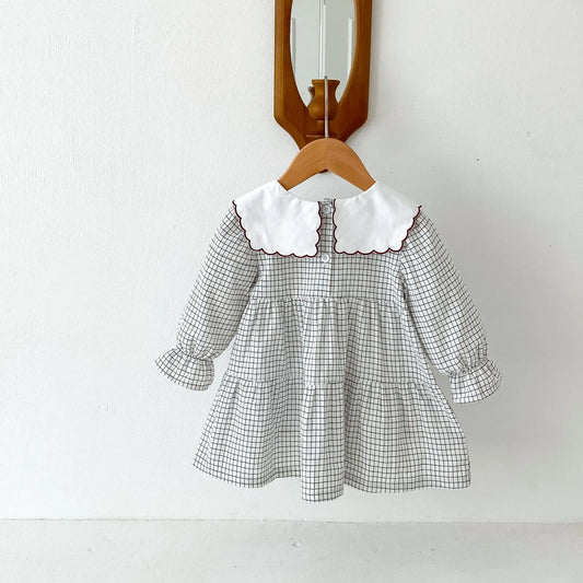 長袖ワンピース キッズワンピース フラワー刺繍ビッグ襟チェック長袖ワンピース【mh0008806】