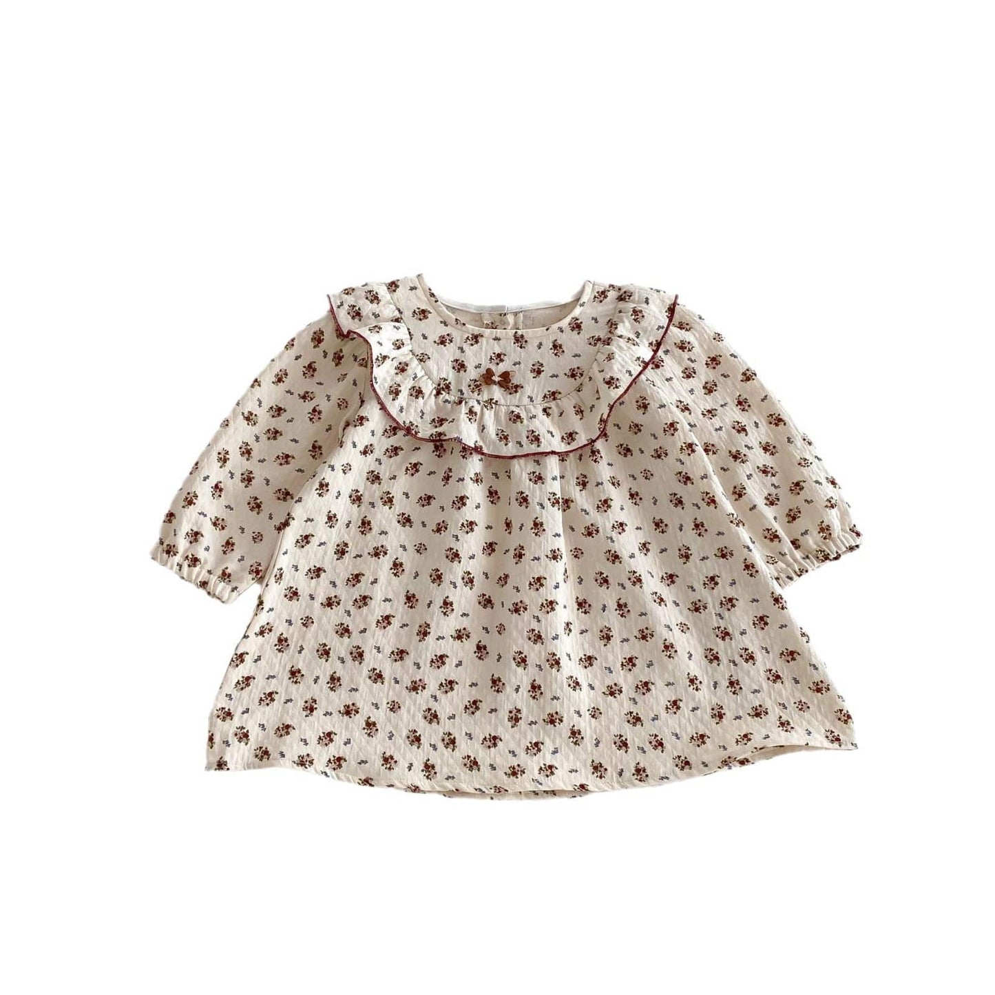 長袖ワンピース ラッフル襟フラワープリント長袖ワンピース【mh0009252】