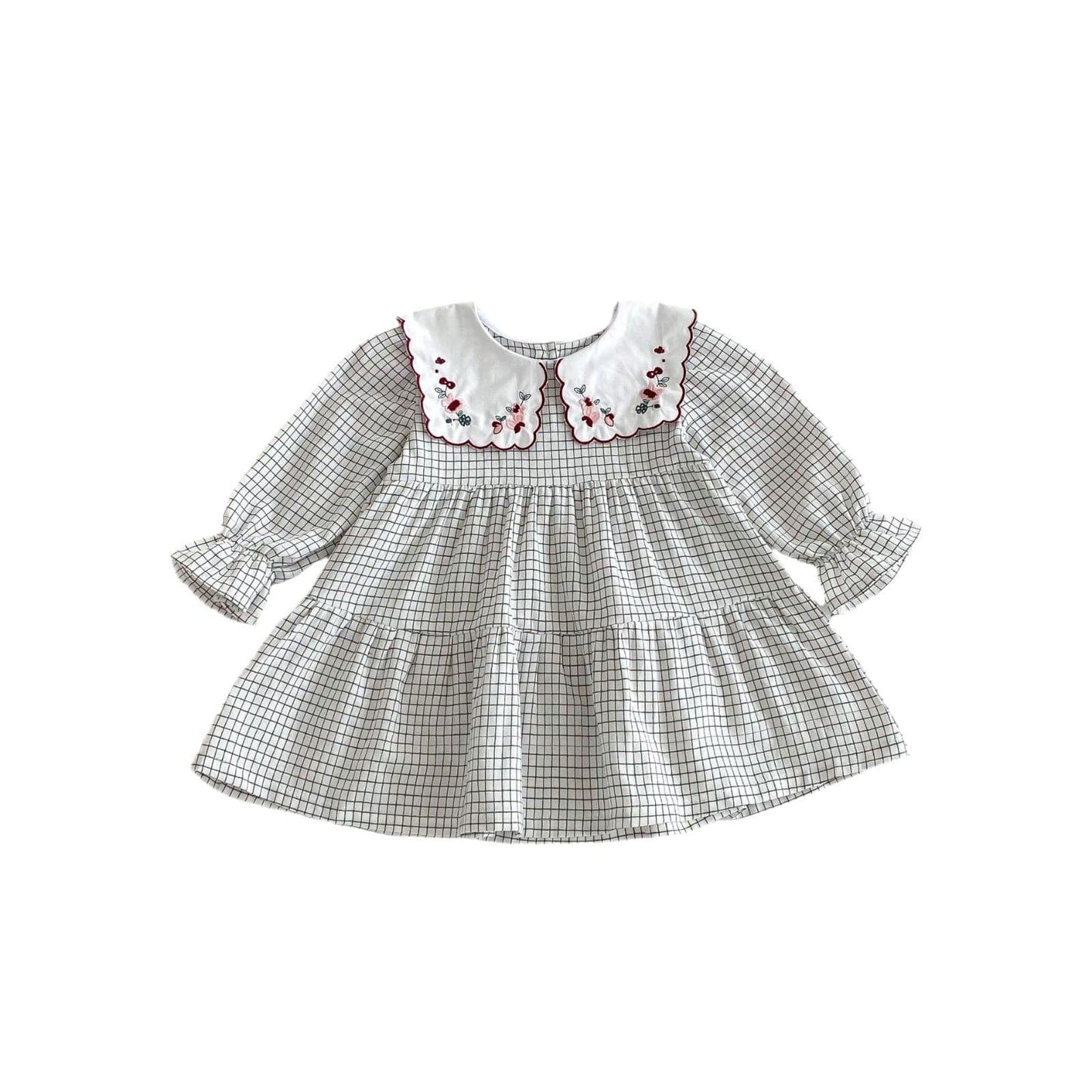 長袖ワンピース チェックフラワー刺繍襟長袖ワンピース【mh0009259】