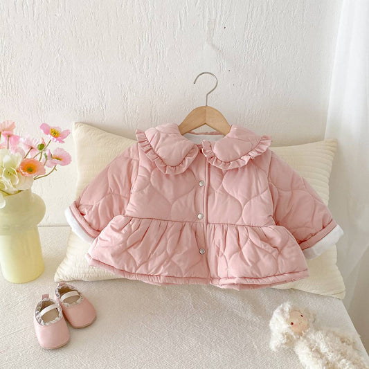 ショートコート・ジャケット・ジャンパー 長袖ジャケット 中綿キルティング フリル襟 ペプラムデザイン アウター あったか【mh0011376】