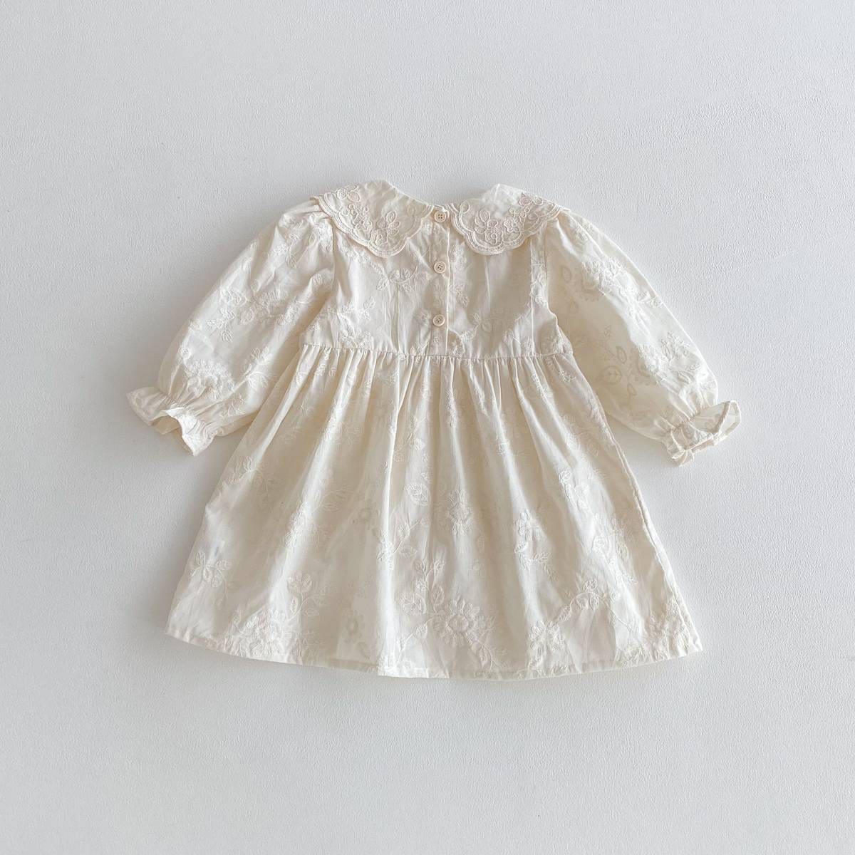 長袖ワンピース 長袖ワンピース 膝丈 花柄ジャガード 丸襟 レース刺繍 ギャザー プリンセス【mh0011384】