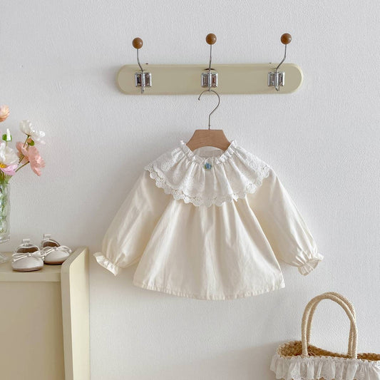 長袖シャツ・ブラウス 長袖ブラウス 綿素材 レースフリル ダブル襟 ギャザー ベルスリーブ風【mh0011392】