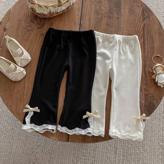 レギンスパンツ レギンスパンツ リブ生地 裾レースフリル スリットリボン フレア【mh0011393】