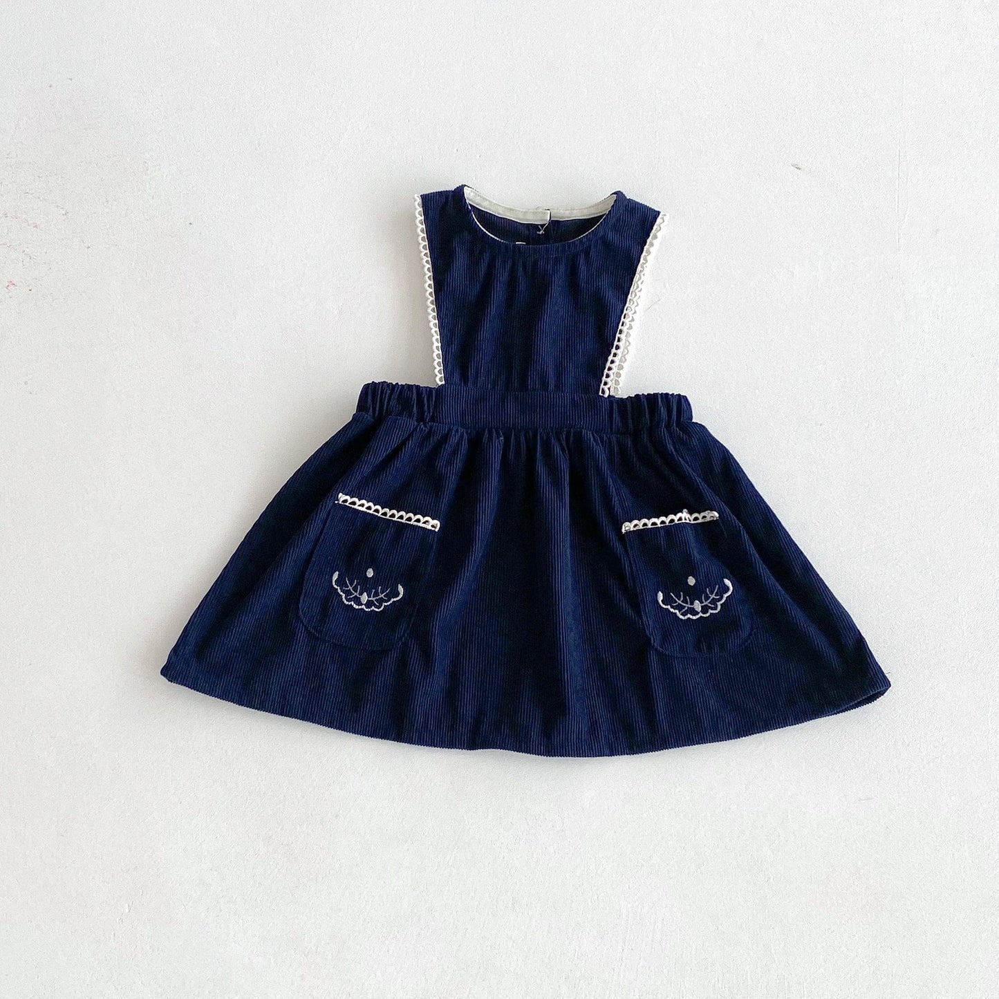 長袖セットアップ Navy Blue / 80cm フラワープリント丸襟長袖ブラウス/刺繍レースエッジノースリーブジャンパースカート【mh0010671】