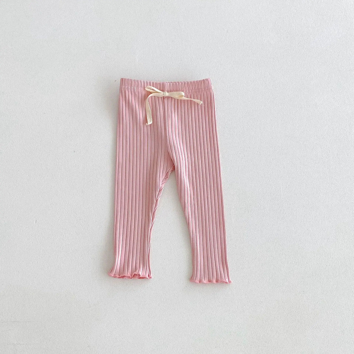 キッズ用リブレギンスパンツ(パステルピンク)リボン紐付き、すね丈