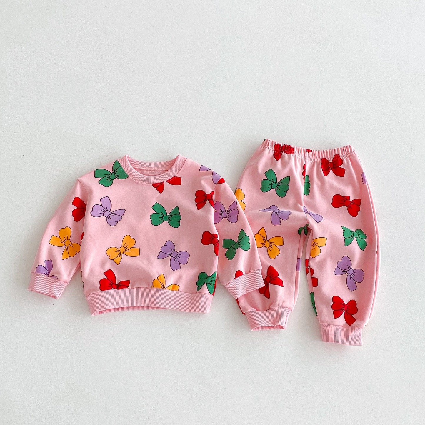 長袖セットアップ Pink / 80cm カラフルリボンプリント長袖スウェットシャツ+ロングスウェットパンツセットアップ 2点セット【mh0010693】