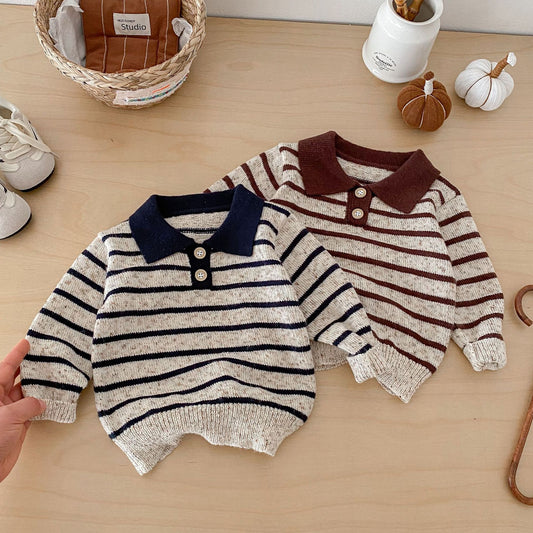 長袖シャツ・ブラウス Polo Collar Striped Knitted Sweater ポロカラー ストライプ セーター【mh0011967】