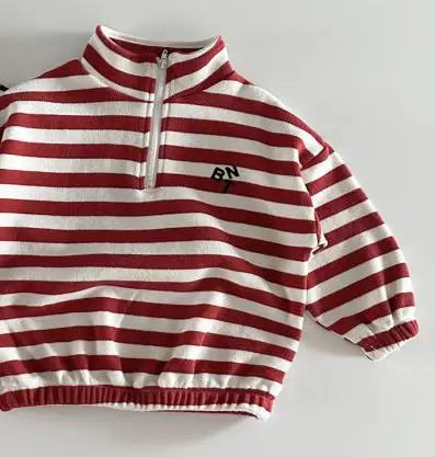 トレーナー・フーディ Red / 12M 80CM キッズトップス ハーフジップ長袖スウェットシャツ ボーダー 2カラー【mh0004678】