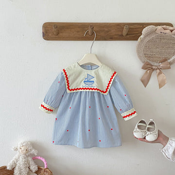 長袖ワンピース Sailboat Embroidered Striped Dress ヨット刺繍 ストライプ ワンピース【mh0011955】